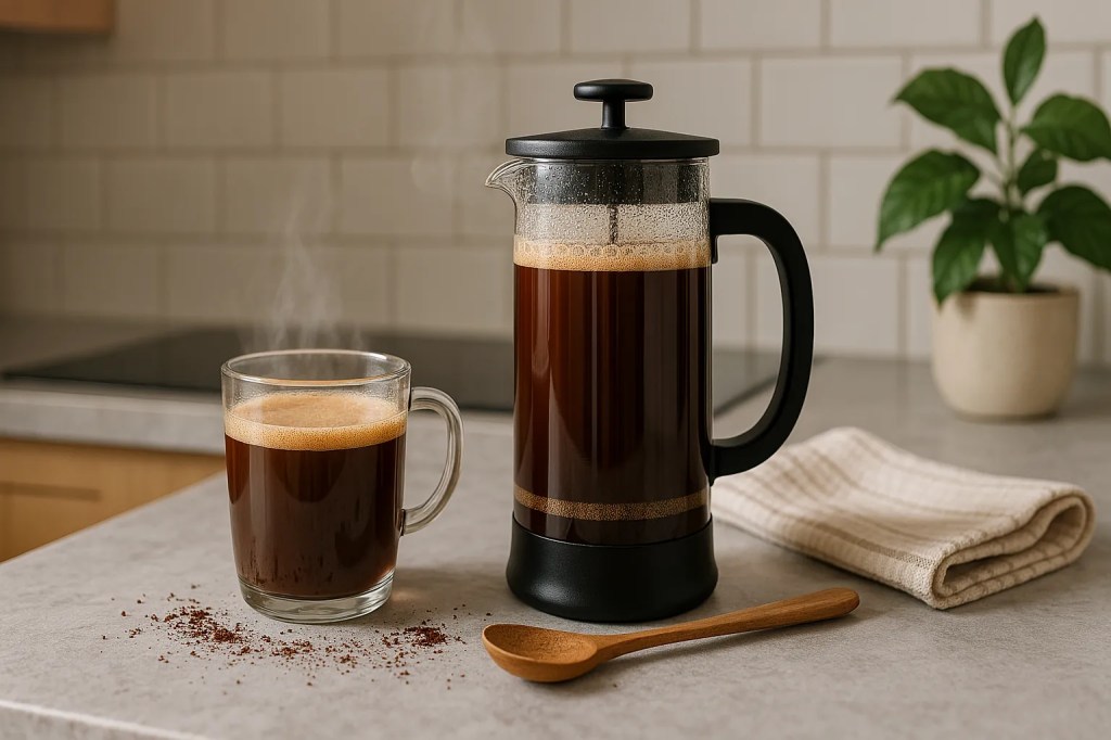 A French press and a steaming glass mug of coffee on a kitchen counter with a wooden spoon and scattered grounds