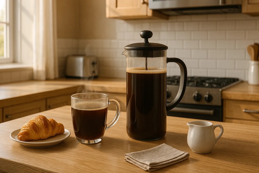 A steaming mug of French press coffee with a croissant on a plate, French press, and milk jug on a sunlit kitchen counter