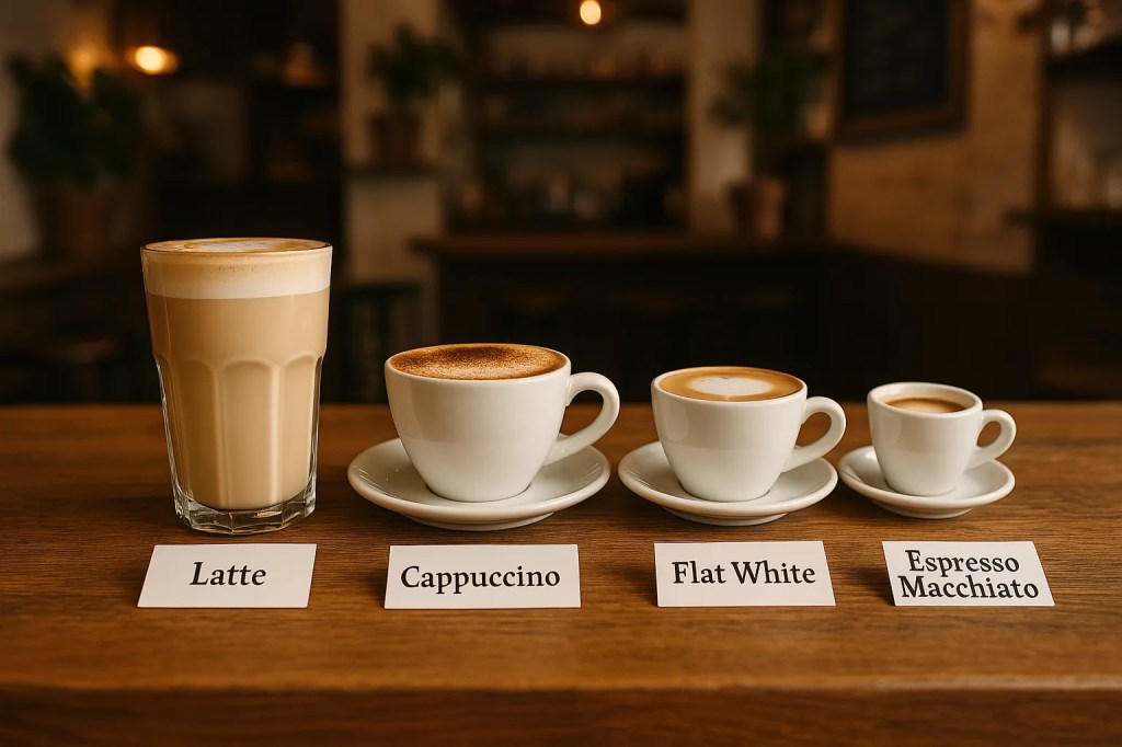 Four labeled coffee drinks—Latte, Cappuccino, Flat White, and Espresso Macchiato—lined up on a wooden counter