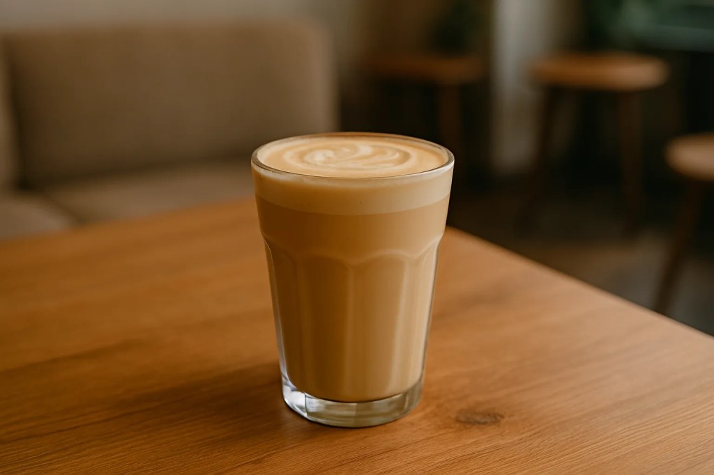 A tall glass of creamy latte with smooth milk foam on a wooden table