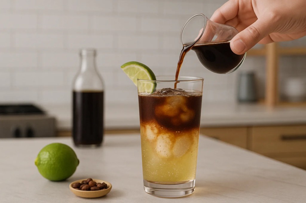 Sparkling cold brew tonic in a tall glass with ice, layered with tonic and coffee, garnished with lime, on a kitchen counter