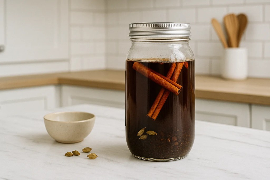 A large mason jar filled with spiced cold brew coffee, cinnamon sticks, and cardamom pods on a marble countertop in a bright kitchen