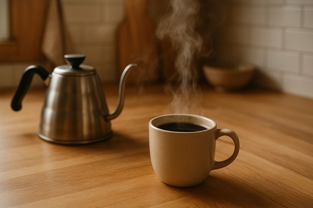 A hot cup of coffee with visible steam beside a stainless steel gooseneck kettle on a wooden kitchen counter
